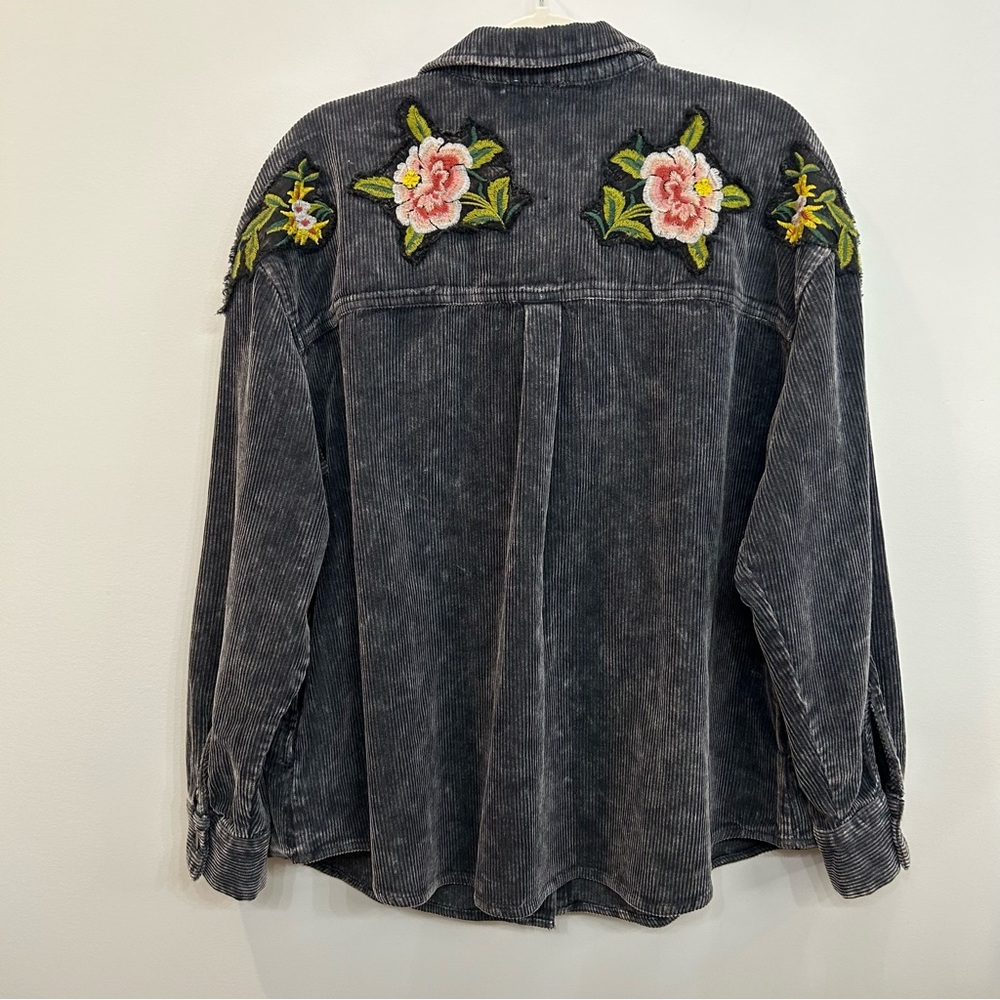 Tribal Jeans Corduroy Shacket Black Acid Washed Embroidered Flowers Size L